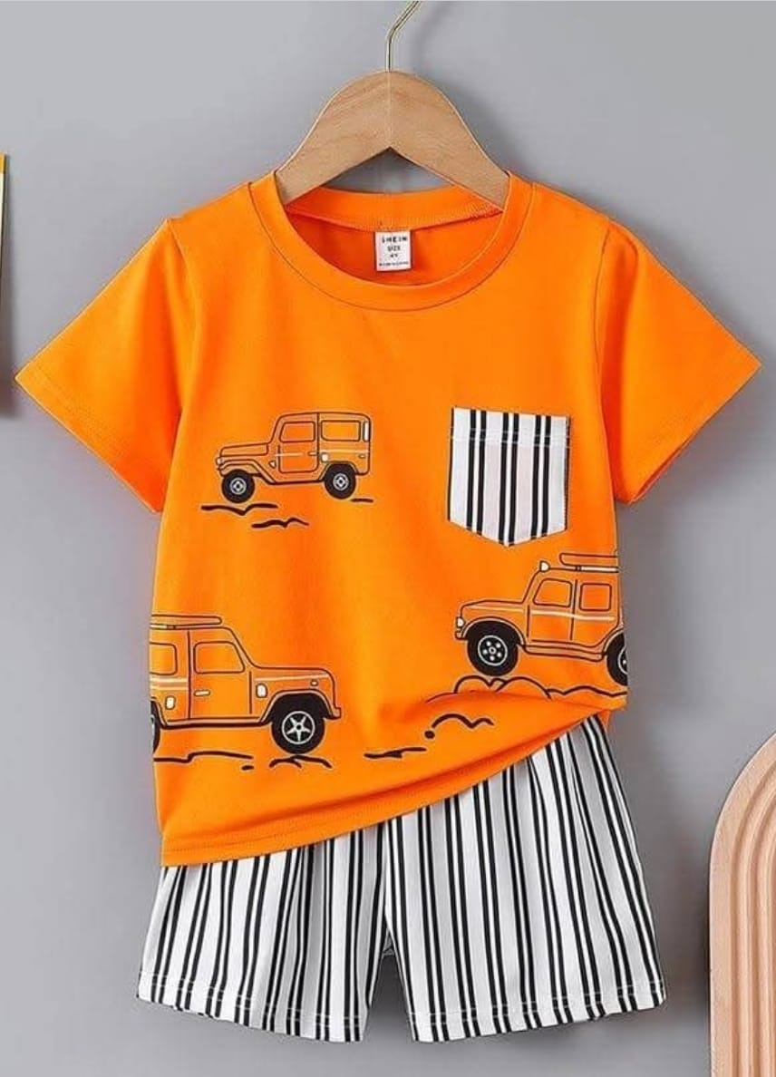 Orange Cars Striped Top-Bottom Set