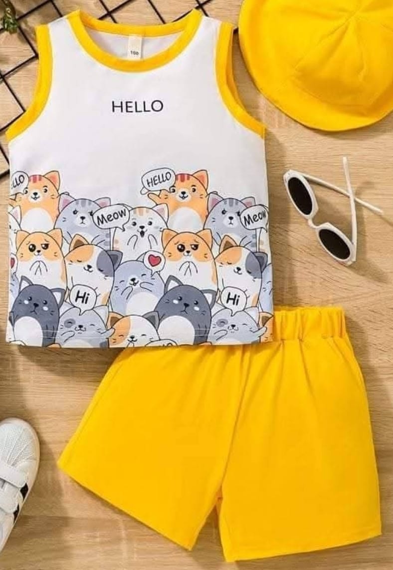 Cats Yellow and White Top-Bottom Set