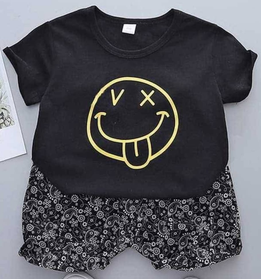 Black Patterned Yellow Face Top-Bottom Set