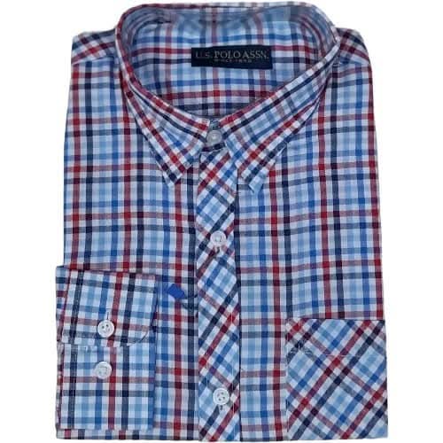 Men's Light Blue Red Checkered Shirt
